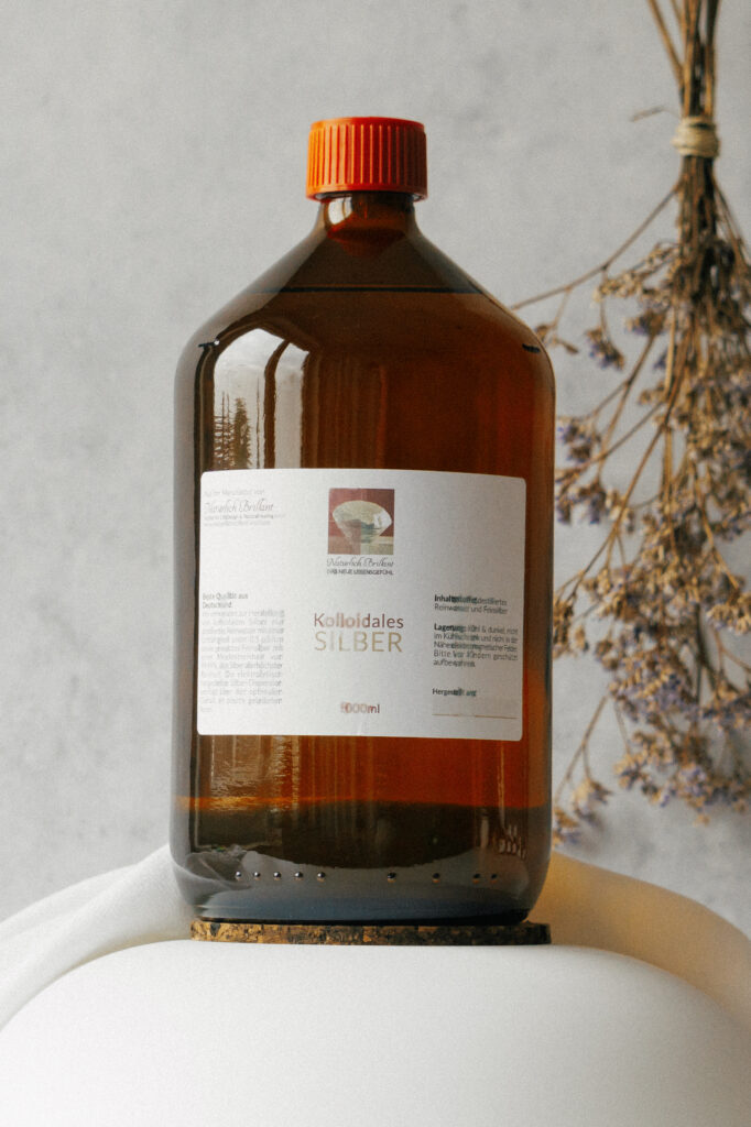 Produktbild Kolloidales Silber 1000ml Flasche, Roter Deckel, Braunes Glas, Weißes Etikett
